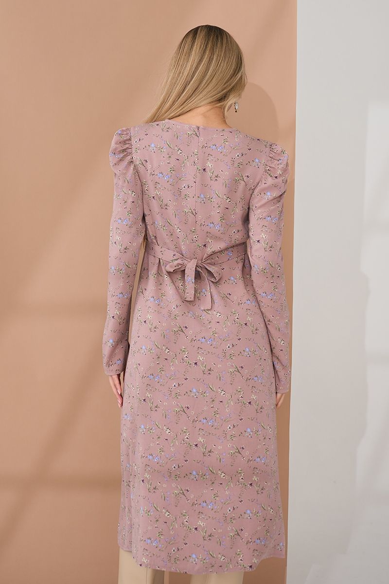Elegant midi dress for pregnant and nursing women in powder pink with floral print