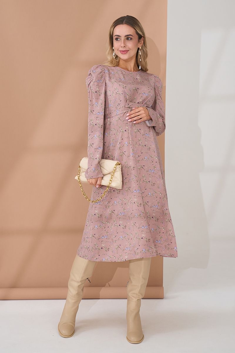 Elegant midi dress for pregnant and nursing women in powder pink with floral print