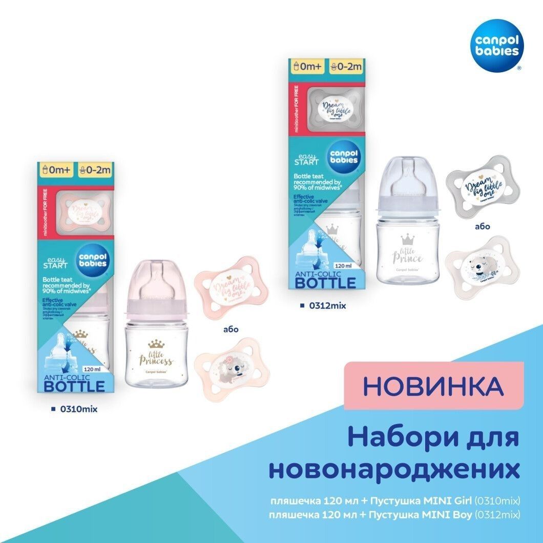 Набор для новорожденных - Бутылочка 120 мл + Пустышка MINI для мальчика Canpol babies