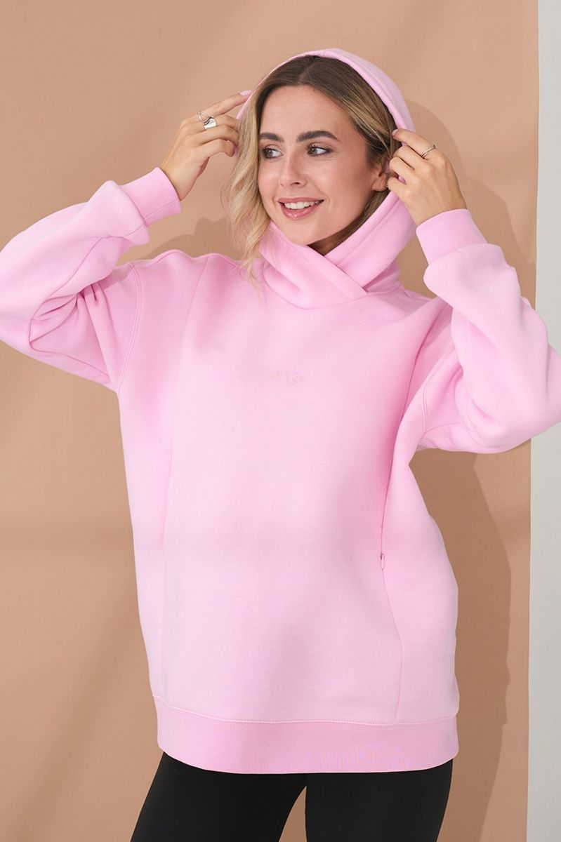 Pink hoodie for pregnant and nursing women, three-thread with fleece