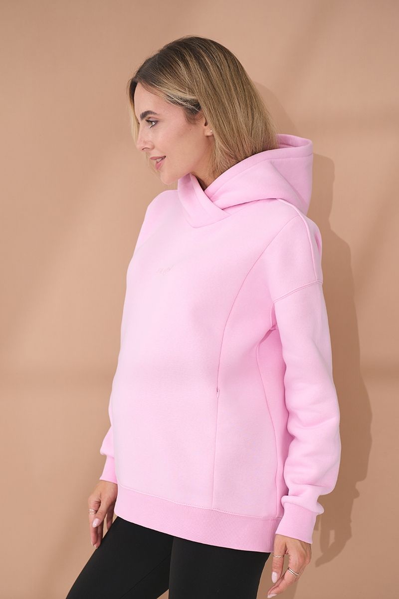 Pink hoodie for pregnant and nursing women, three-thread with fleece