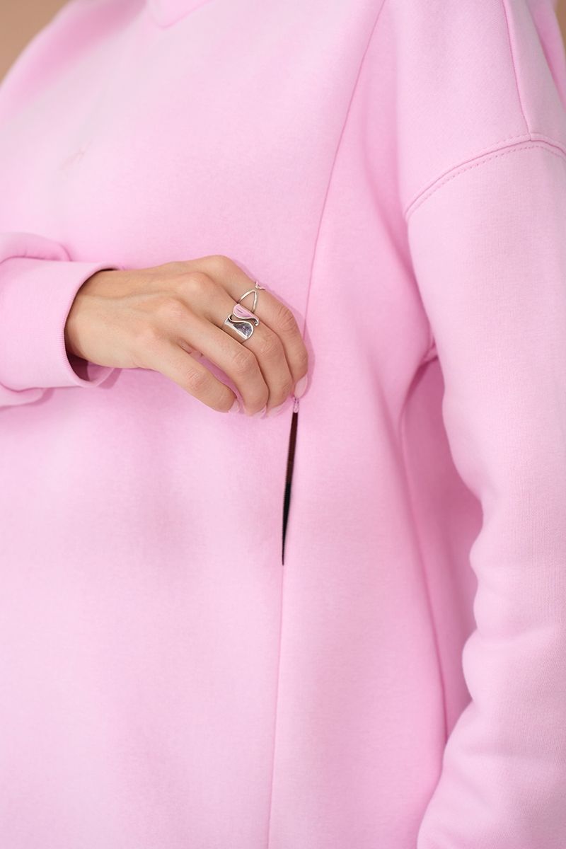 Pink hoodie for pregnant and nursing women, three-thread with fleece