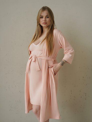 Халат для беременных и кормящих хлопковый с широким поясом розовый